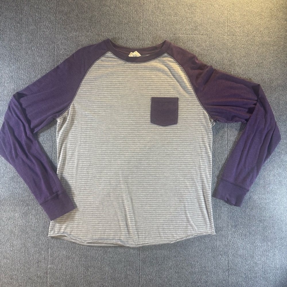 Hybrid Threads Men’s Large Baseball Tee Grey Stripe Purple Raglan Pocket Shirt